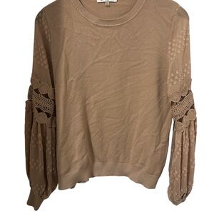 Sioni Milano Women's Sweater, Lace Cutout Sleeves, Crewneck, Beige / Tan Sz L